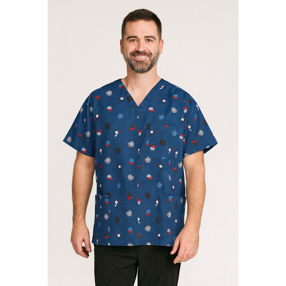 NWT Cherokee Uniforms Scrub Top Blue Jean Print Baseball Size 2X Blue Red Unisex